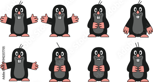 Cartoon mole characters, cute animal illustration, playful mole poses, children educational puzzle, black fur creature, pink hands feet, fun design