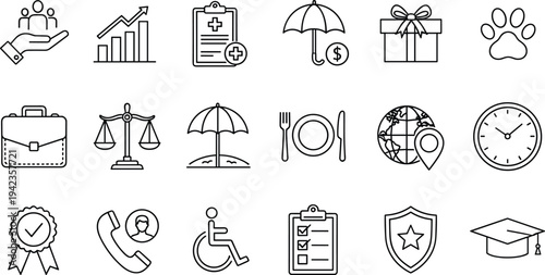 Insurance And Business Benefits Icon Set Featuring Healthcare Coverage, Financial Growth, Legal Protection, Employee Wellness, Travel Security, And Education Support Symbols
