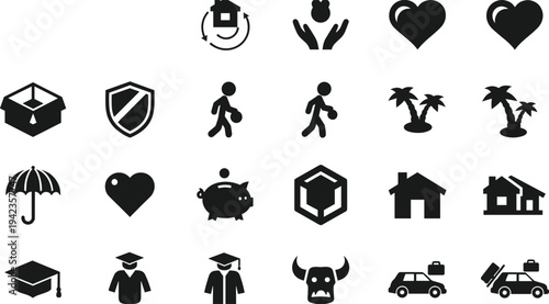 Lifestyle And Life Events Silhouette Icon Set Featuring Insurance Protection Education Graduation Travel Vacation Real Estate Home Ownership And Personal Finance Symbols