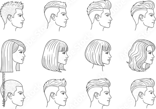 Male and female hair profile icons featuring modern haircuts, undercut styles, bob cuts, long wavy hair, and buzz cut illustrations.