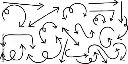 A collection of hand drawn black arrows and swirling lines indicating direction movement and cyclical processes high quality professional