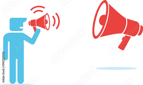 Man Speaking Into Megaphone For Public Announcement, Marketing Communication Promotion And Information Sharing Concept, Blue And Red Vector Illustration Silhouette