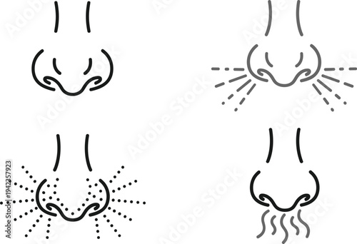 Nose Anatomy Icon Set For Healthcare, Featuring Human Sense Of Smell, Breathing In Out, Nasal Congestion Or Allergy Symptoms, Vector Outlines