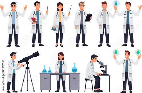 Cartoon illustration of diverse scientists and researchers in lab coats performing experiments with microscopes, telescopes, flasks, and medical tools, perfect for education, science, and healthcare 