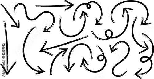 A collection of hand drawn black arrows and curved lines pointing in various directions on a white background