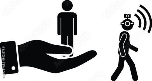 Personal Data Privacy And Monitoring Concept, Featuring Human Silhouette Protected In Hand And Figure Under Digital Surveillance, Security Compliance Vector Illustration