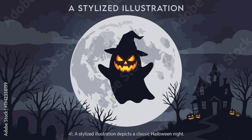Spooky Halloween Night Illustration Featuring a Ghost with Jack-o'-Lantern Face, Full Moon, and Haunted Mansion