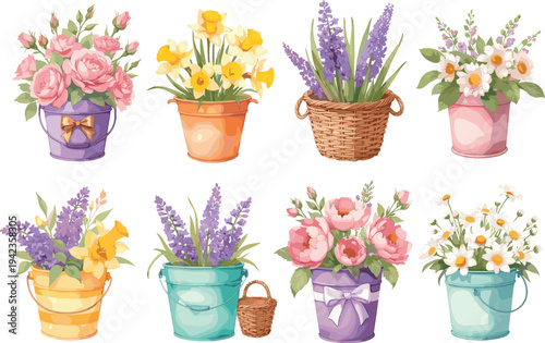 Cartoon illustration of eight colorful flower arrangements in decorative pots and baskets, vibrant floral artwork perfect for gardening, decoration, spring themes, and educational botanical projects