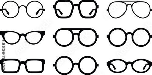 Set of 9 glasses icons vector, eyeglasses, spectacles