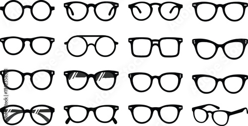 Set of 15 black glasses icons vector