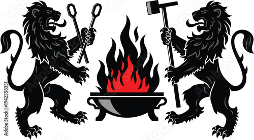 heraldic, lions, blacksmith, forge, fire, anvil, hammer, emblem, medieval, crest, heraldry, symbol, shield, vintage, illustration, strength, royal, coat, arms, design