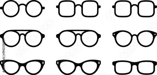 Set of 9 glasses icons vector, eyeglasses, spectacles