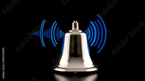 A shiny silver bell with a blue sound wave emanating from it on a dark background