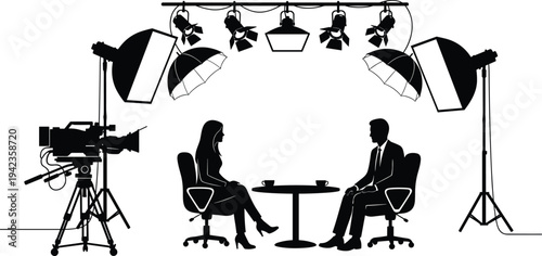 interview, studio, television, talk, show, camera, lighting, broadcast, media, journalist, conversation, silhouette, production, presenter, discussion, filming, communication, program, recording, set