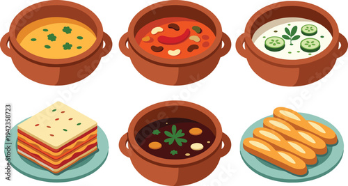 Cartoon illustration of six colorful food dishes including soups, lasagna, and breadsticks, vibrant culinary artwork perfect for cooking, restaurant menus, nutrition concepts, and educational content 