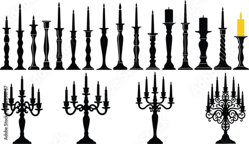 candle, candlestick, candelabra, silhouette, vintage, candleholder, decoration, antique, elegant, gothic, ornate, classic, black, illustration, light, luxury, interior, decorative, collection, design