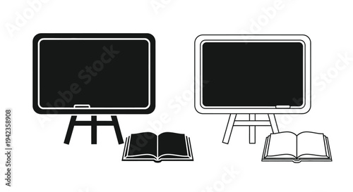 Two blackboards with easels and open books in a monochrome style