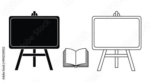 Black and white illustration of a chalkboard easel and open book