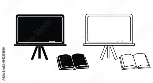 Black and white illustration of chalkboards easels and open books