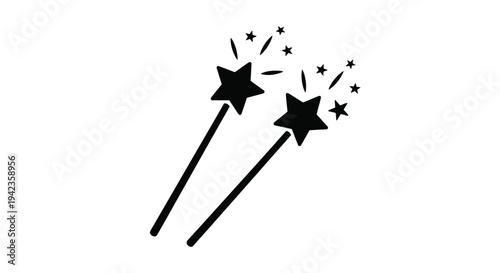 Two magic wands emitting sparkling stars in a simple black and white design