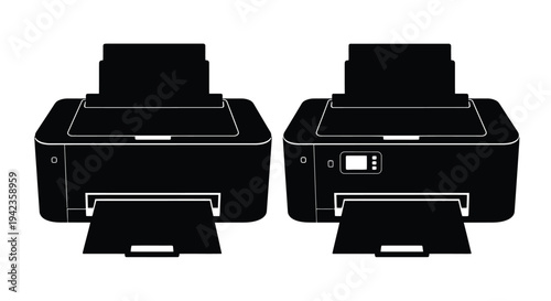 Two black silhouettes of modern all in one inkjet printers presented side by side