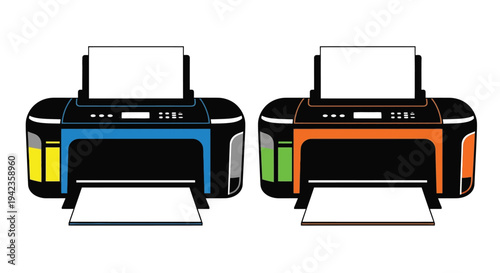 Two stylized printers one blue and one red shown in a graphic design
