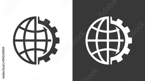 Global Industry and Engineering Logo Concept Featuring a Globe Merged with a Gear Icon, Minimalist Vector Design for International Logistics and Technology Brands.