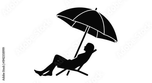 Silhouette of a person relaxing on a beach chair under an umbrella