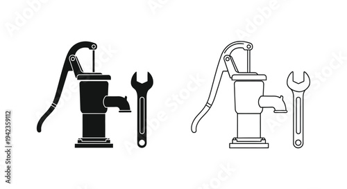 Black and white line art of a water pump and wrench