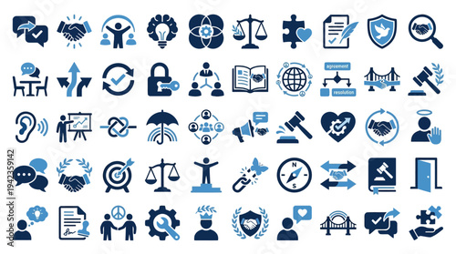 Set of 50 Conflict Resolution and Mediation Icons - Law, Justice, and Peace Symbols for Business and Legal Concepts