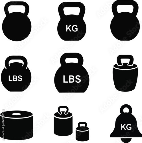 Gym Equipment Weight Icons Set with Kettlebells and Dumbbells for Bodybuilding and Fitness