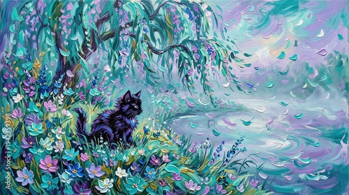 Textured Impressionist Garden Landscape Featuring Black Cat Among Flowers Beneath Weeping Willow by Reflective Pond 4K wallpaper, wall art or TV frame Art