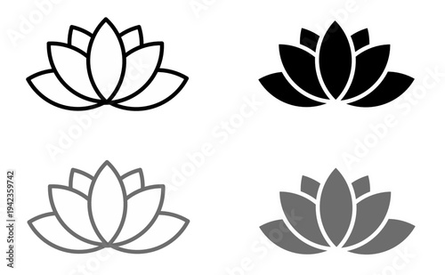 Set of lotus flower icons in outline and solid styles for yoga, wellness, meditation, beauty, and spa design projects. Lotus icon set