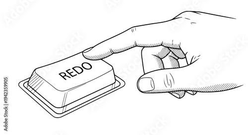 Illustration showing a human hand pressing the 'REDO' button on a computer keyboard, depicting concepts of second chance, repetition, correction, or recovery. 