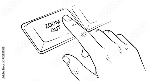 Human hand finger presses 'Zoom Out' key on a computer keyboard, a detailed line art illustration showing digital interface interaction and control, perfect for graphic design elements and technology 