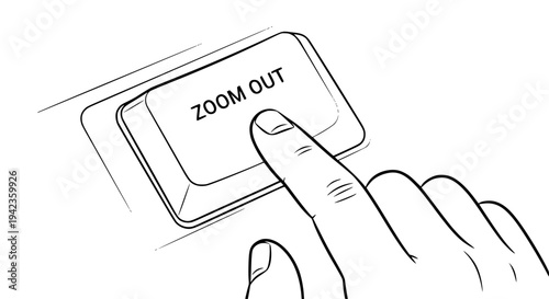 Close up illustration depicting a human finger pressing the zoom out key on a computer keyboard representing decreasing scale or reduction in visual perspective.