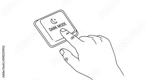 Hand pressing large button labeled dark mode with crescent moon icon, activating night display setting for comfortable viewing experience illustration.