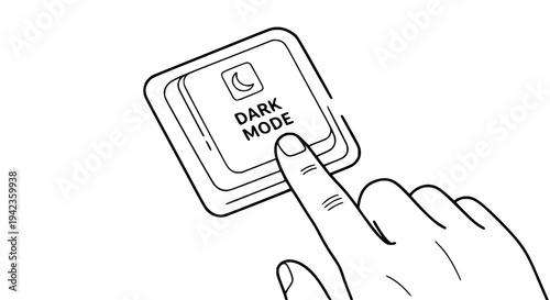 Black and white illustration showing a finger pressing a large button labeled with a crescent moon icon and the words dark mode on a light background.