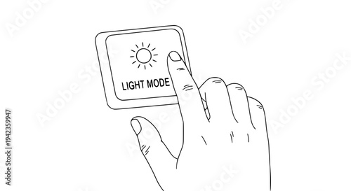 Hand pressing a 'light mode' button on a clean digital interface. This line art illustration shows user interaction with UI design element, symbolizing preference, brightness adjustment, and display .