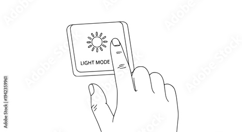 A human hand interactively pressing a 'Light Mode' button, featuring a bright sun icon on a clean interface, representing user choice, display settings, and customization options ..