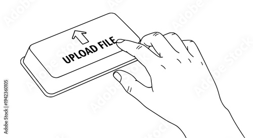 Hand pressing a key or button labeled upload file with an upward arrow icon, symbolizing digital data transfer and content submission processes in black and white outline style.