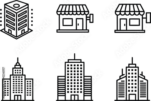 Modern Building Architecture Icons Set with Skyscraper Office and Retail Storefronts