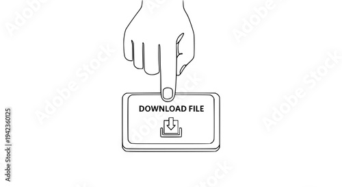Line art illustration of a human finger pressing a prominent button clearly labeled with the text "DOWNLOAD FILE" and a corresponding download icon.