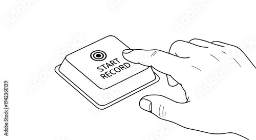 Human hand presses a white square button clearly labeled 'START RECORD' with a black target icon. This simple line art illustration visualizes beginning a process, activating an action, or initiating 