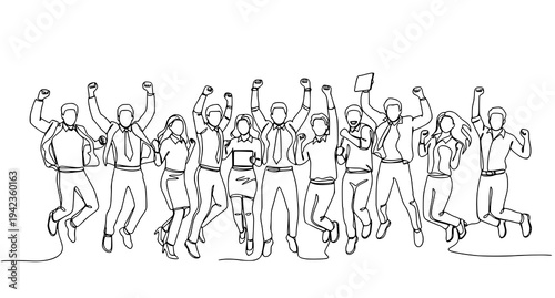 A minimalist line art illustration of a group of people celebrating with raised fists