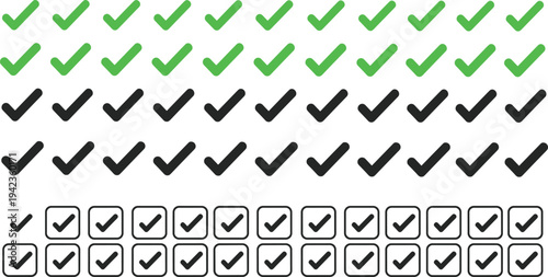 Checkmark and Tick Icon Set Featuring Green and Black Symbols for Task Completion, Voting, Approval, Success, and Survey Checkbox Selection, Vector Graphic