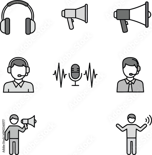 Communication and Broadcasting Icon Set with Megaphone Microphone and Support Staff