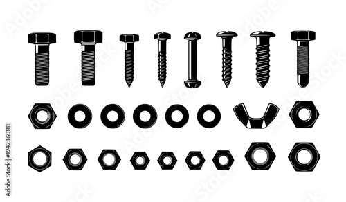 Screws bolts and nuts black silhouette vector hardware set isolated on white