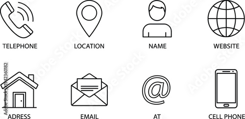 Contact Information Icon Set Featuring Telephone Location Map Pin User Name Website Globe House Address Email Envelope And Mobile Cell Phone Symbols
