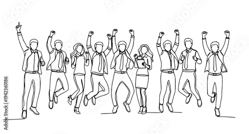 A minimalist line art illustration of a group of businesspeople celebrating